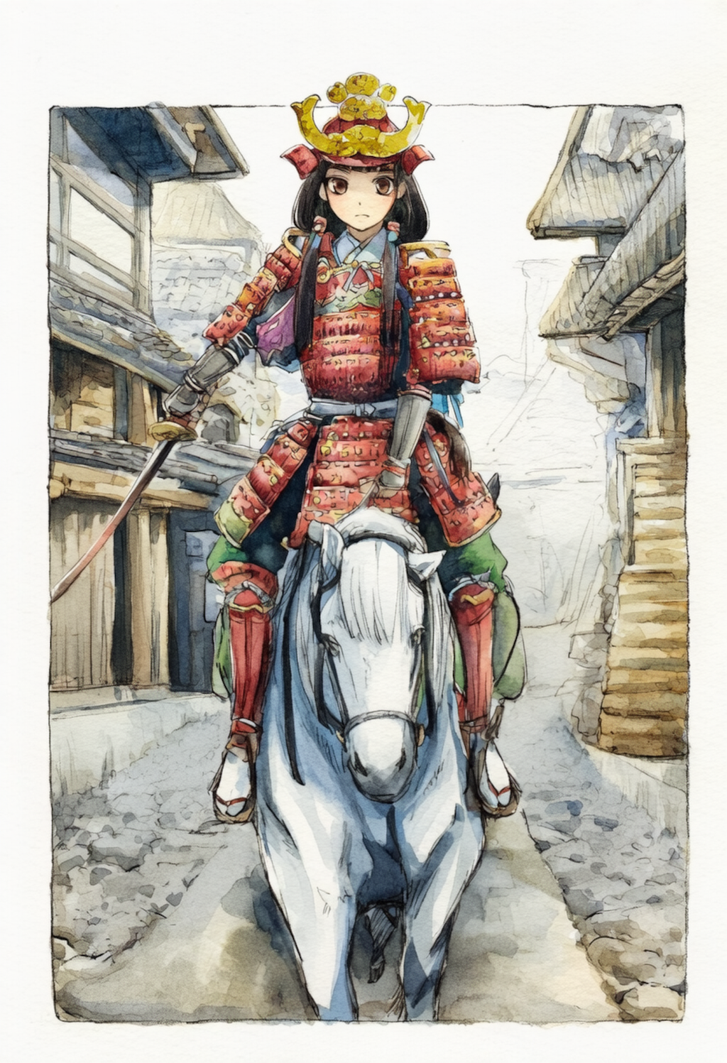 白馬に騎乗する武者姫