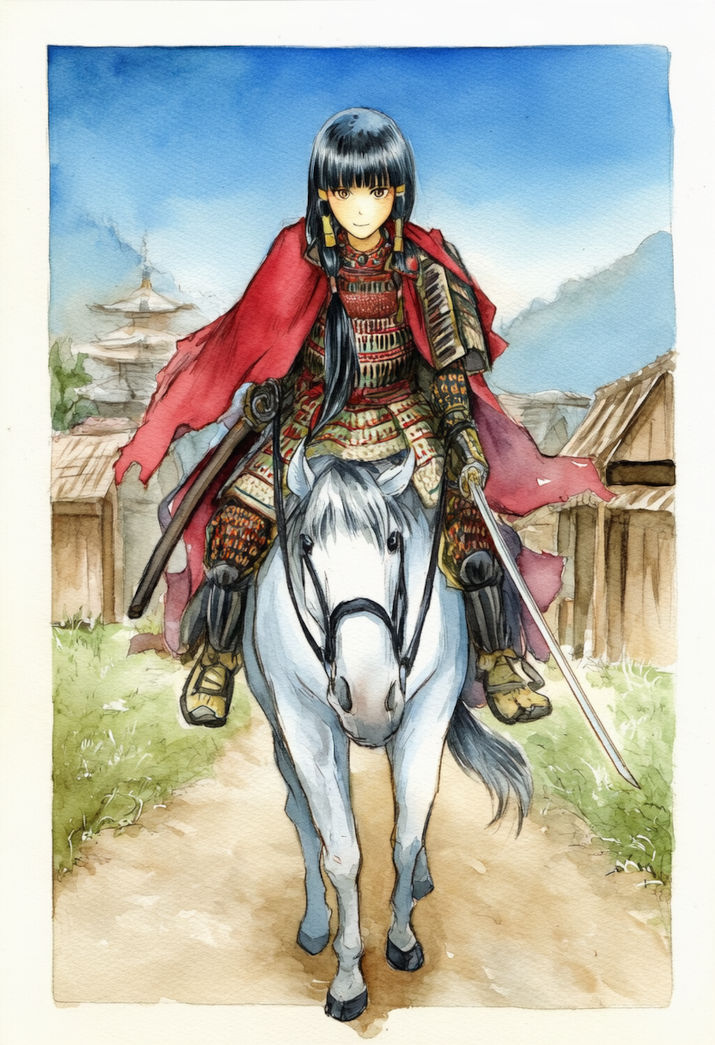 白馬に騎乗する武者姫