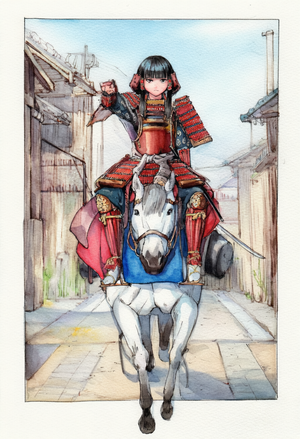 白馬に騎乗する武者姫