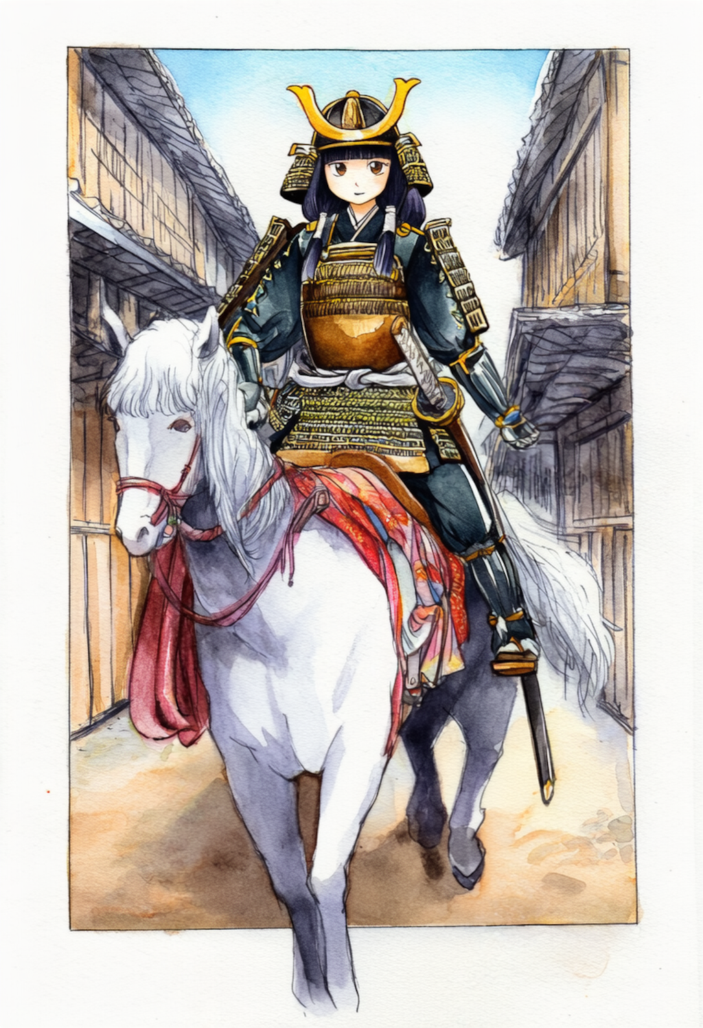 白馬に騎乗する武者姫