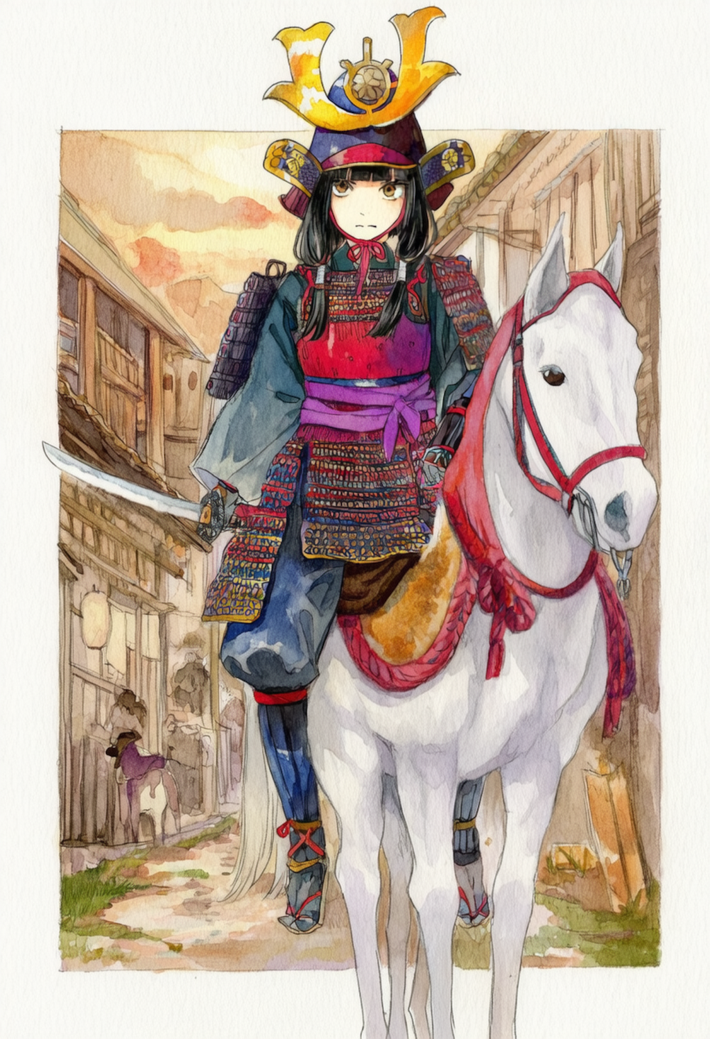 白馬に騎乗する武者姫