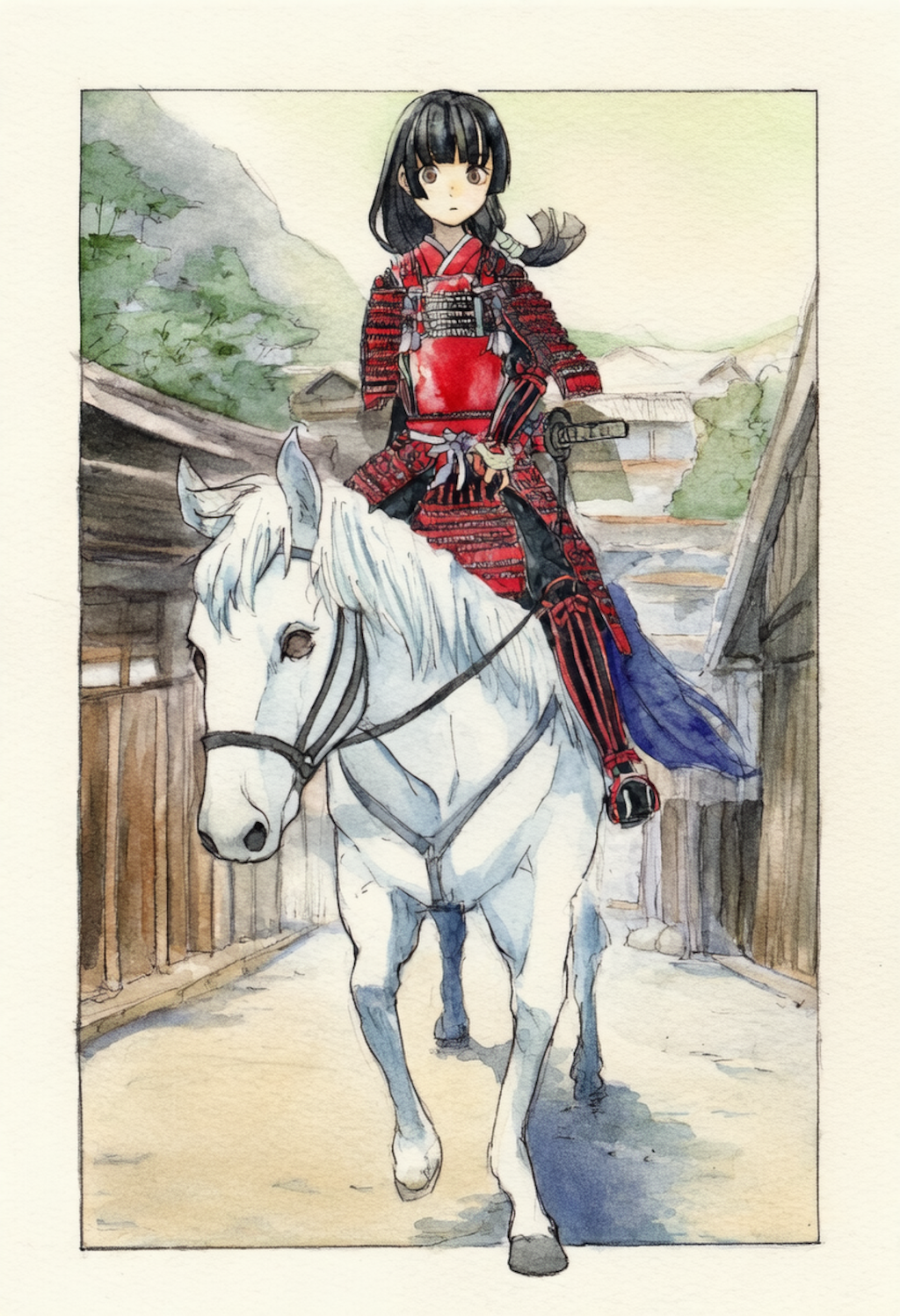 白馬に騎乗する武者姫