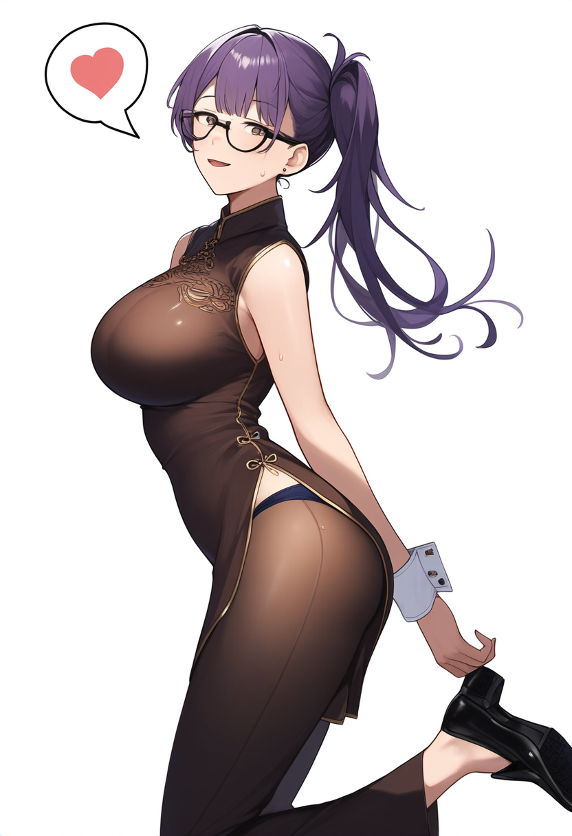 メガネ、ポニーテール