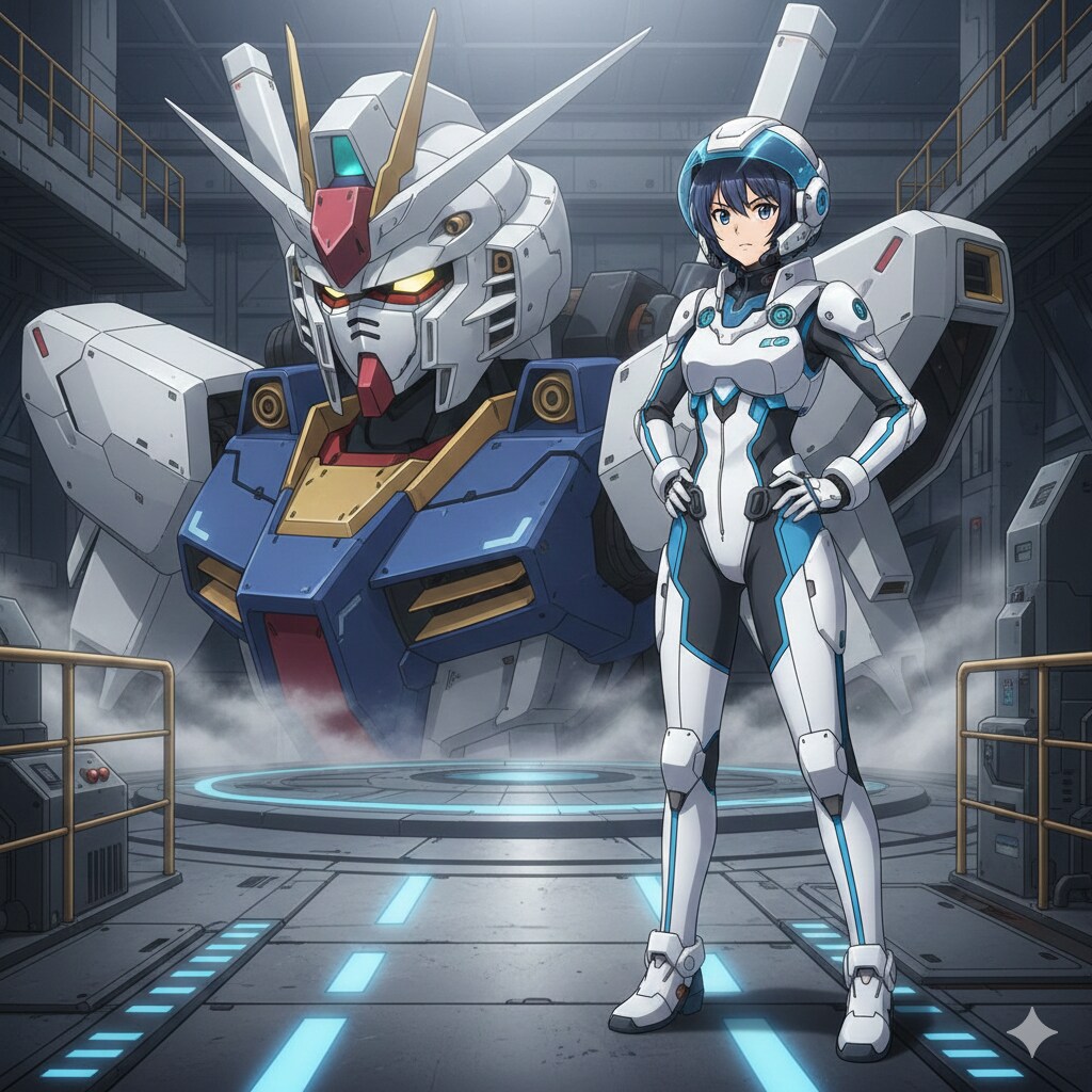ガンダムタイプの機体の前に立つ女性