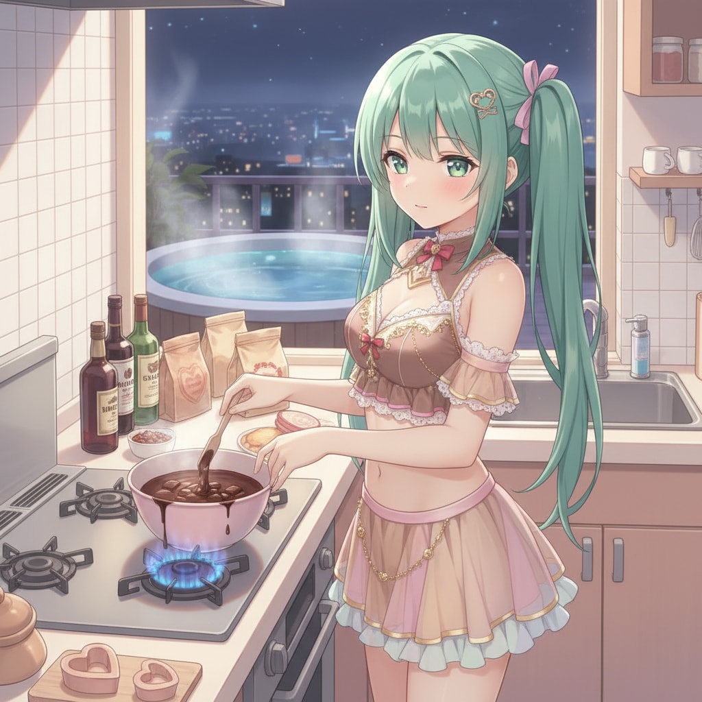 みどツイさん。アニメ調。湯上がりバレンタインチョコ作り 2月12日 #ブラジャーの日 | の人気AIイラスト・グラビア