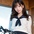 自転車のサドルに跨る女性 vol.9 セーラー服 / ロングヘアー 2枚目