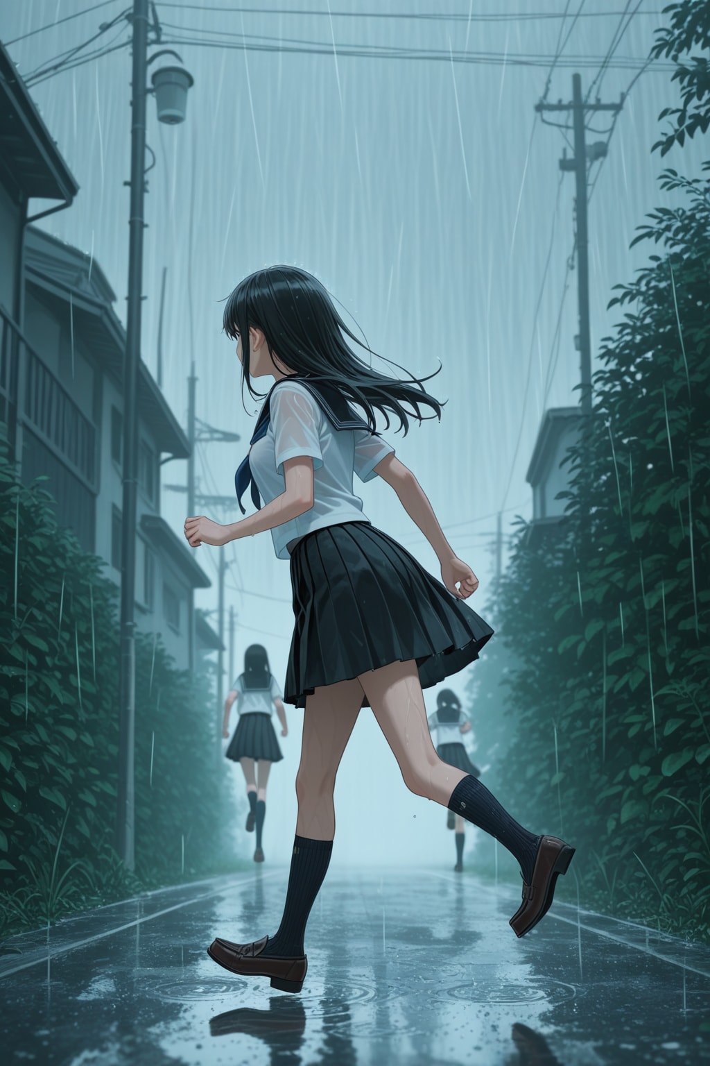 雨の中を走り回るセーラー服の少女 | の人気AIイラスト・グラビア