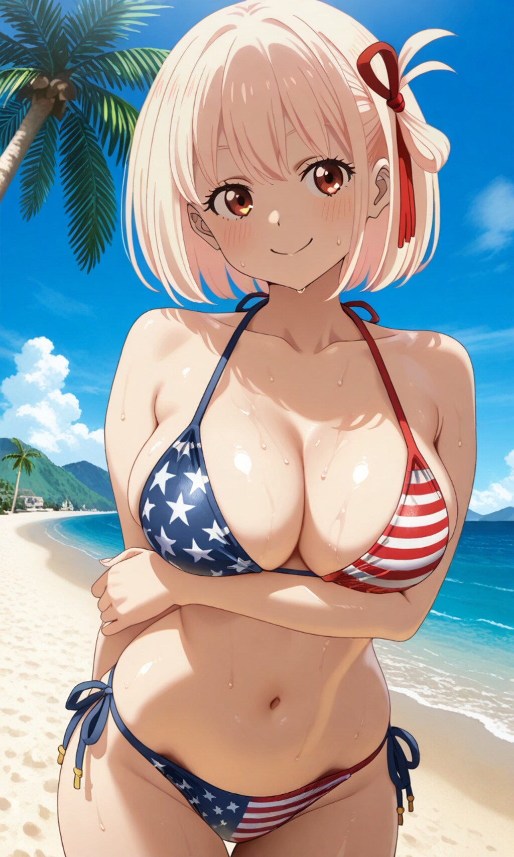 PixAIで星条旗ビキニの錦木千束🇺🇸👙🏖️❤️