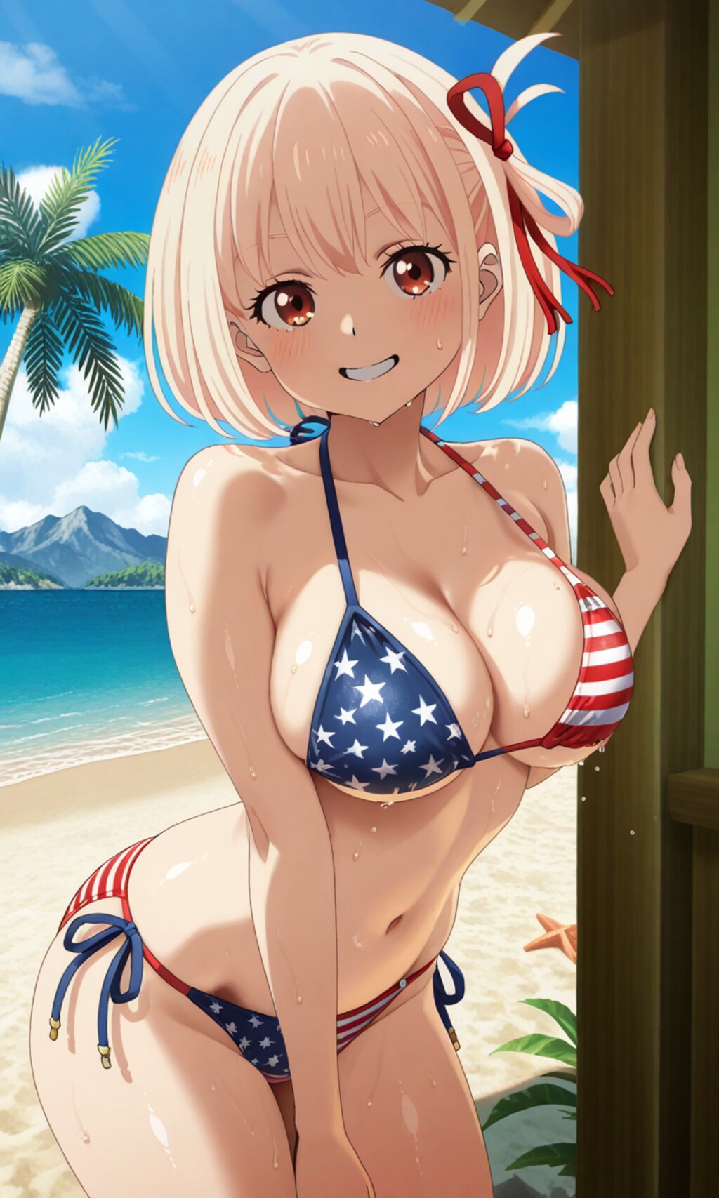 PixAIで星条旗ビキニの錦木千束🇺🇸👙🏖️❤️