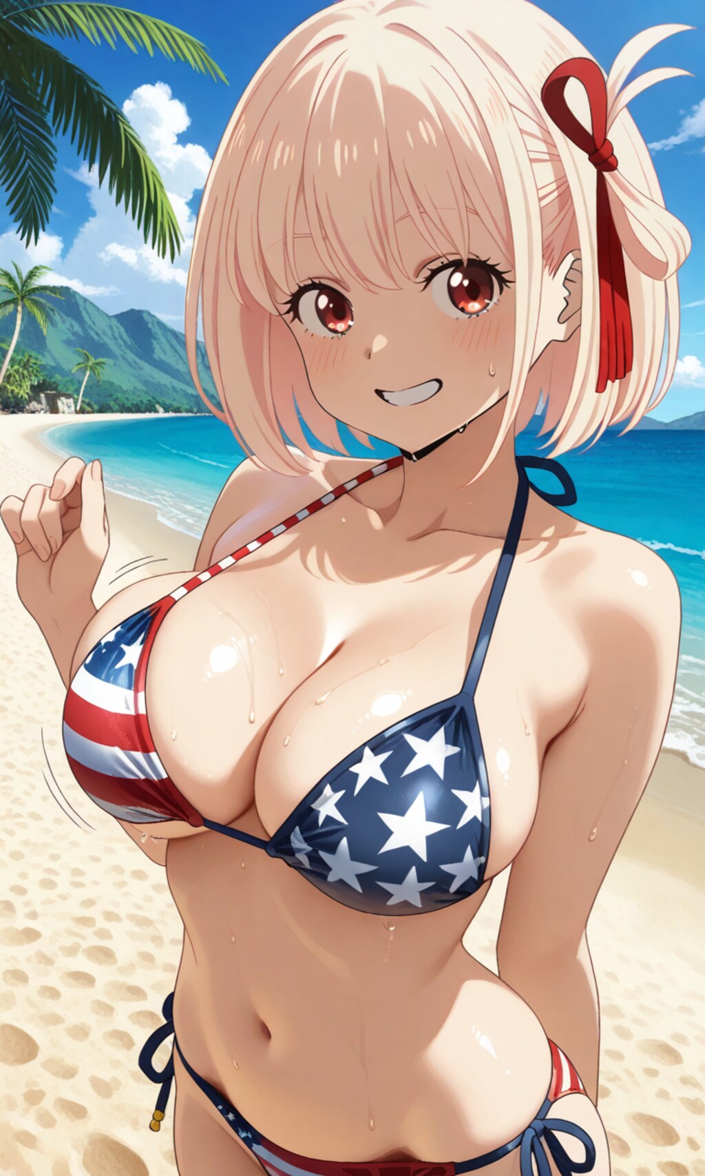 PixAIで星条旗ビキニの錦木千束🇺🇸👙🏖️❤️