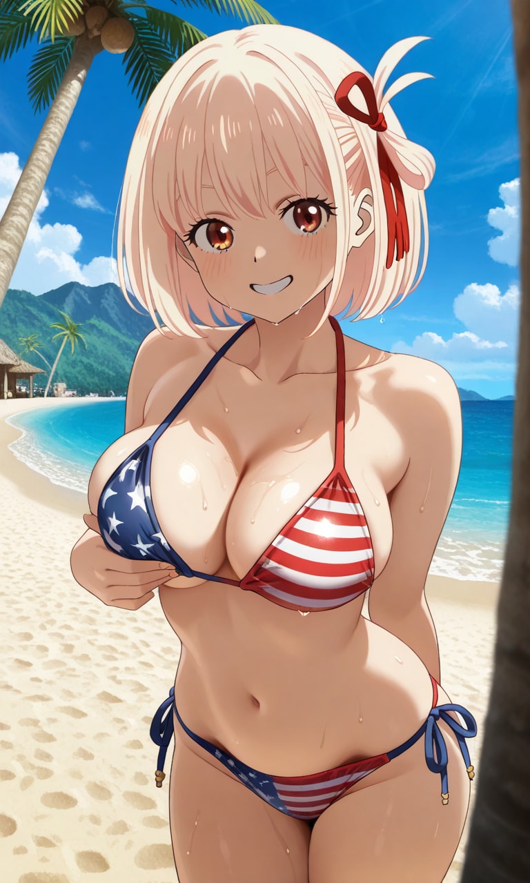 PixAIで星条旗ビキニの錦木千束🇺🇸👙🏖️❤️