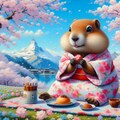 油絵アニメ風、桜の花見着物マーモット 7枚目
