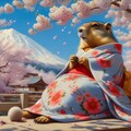 油絵アニメ風、桜の花見着物マーモット 5枚目