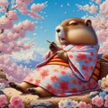油絵アニメ風、桜の花見着物マーモット 6枚目