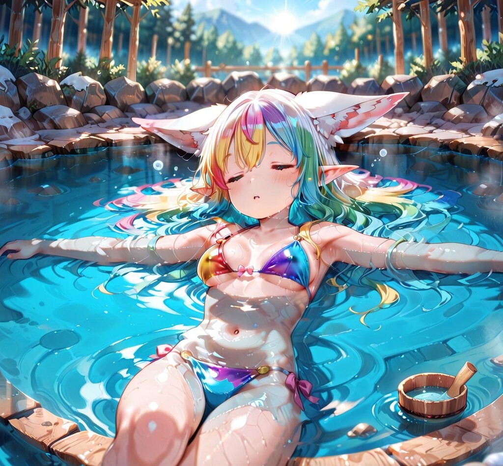 8枚）温泉でリラックスするケモ耳エルフさん