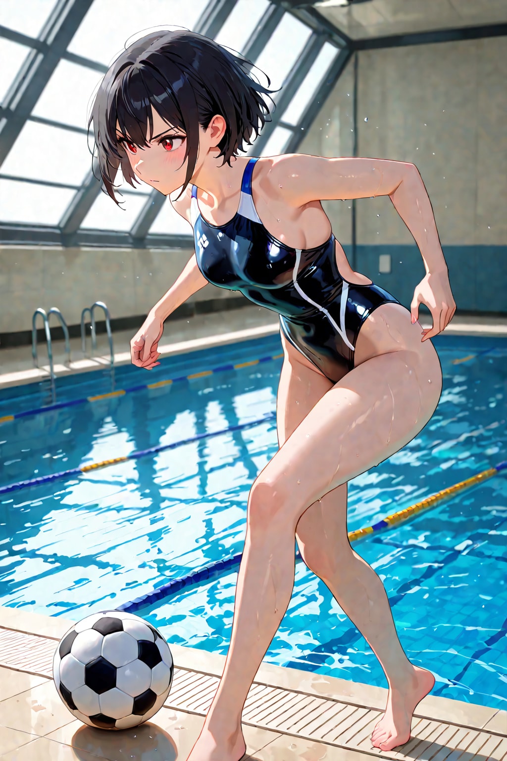 プールサイドとサッカーボールそして競泳水着♪