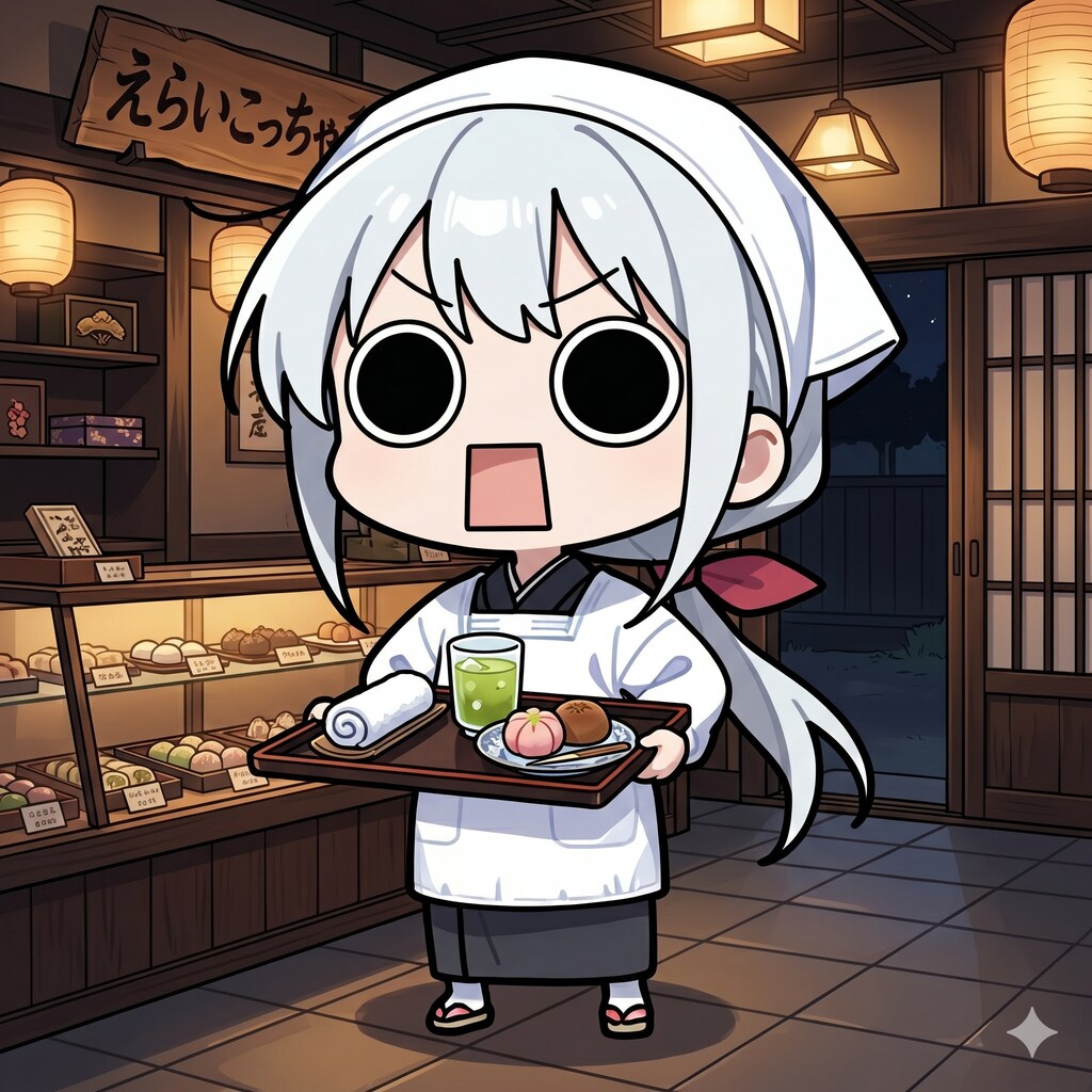 デザートのえらいこっちゃ和菓子屋の和菓子を運ぶえらいこっちゃ嬢