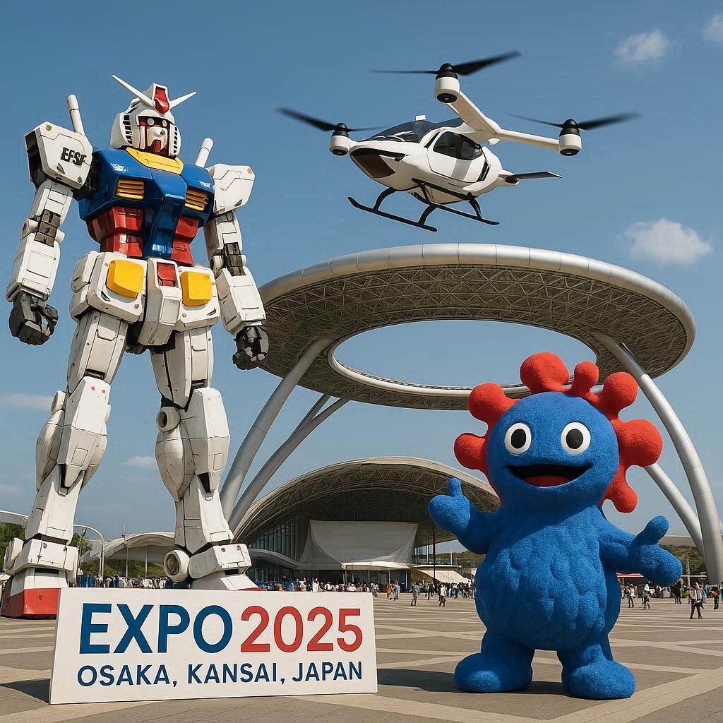 機動戦士ガンダム、空飛ぶクルマ、大屋根リング、ミャクミャク