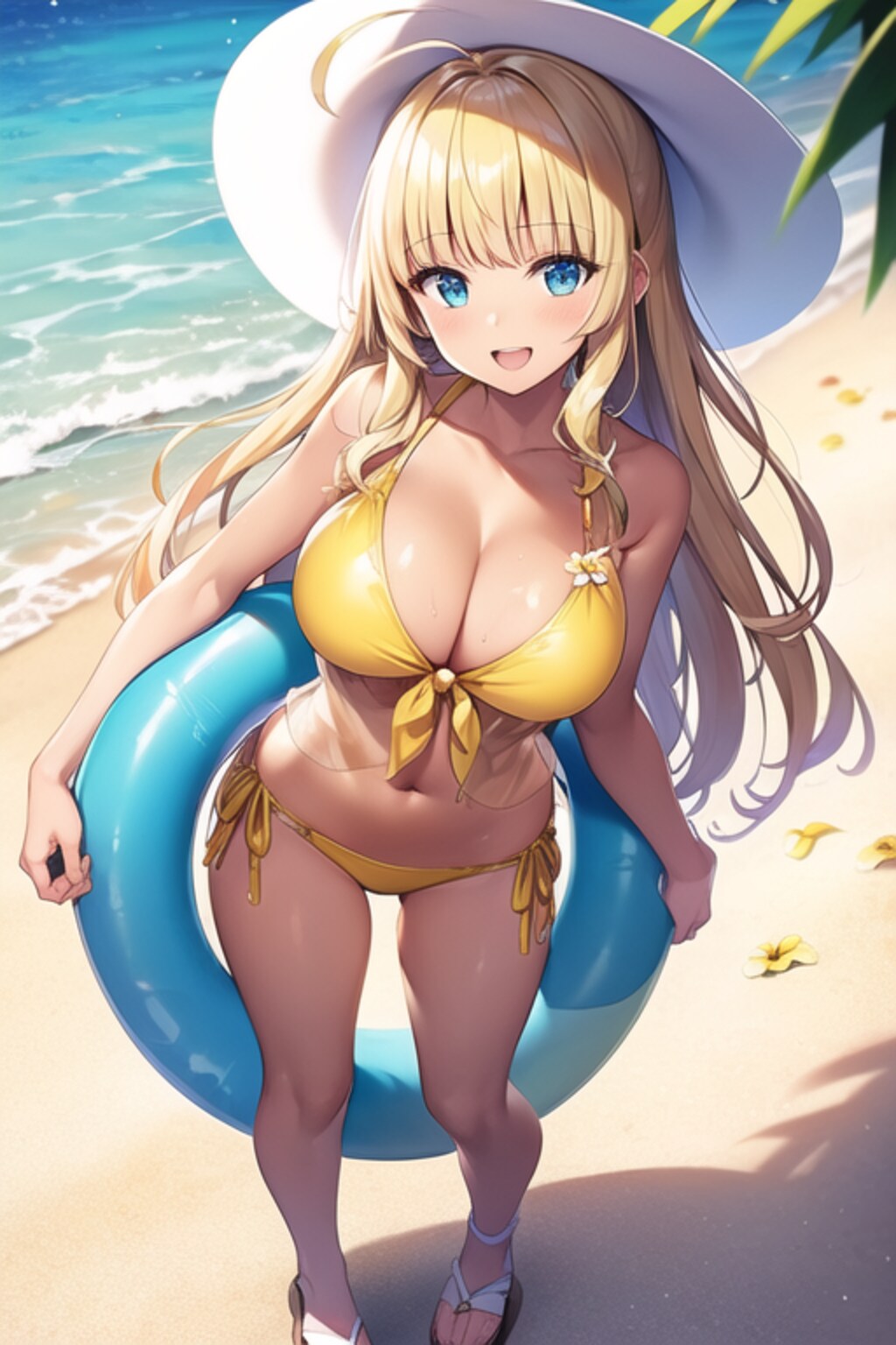 ビーチで撮影する金髪ギャル