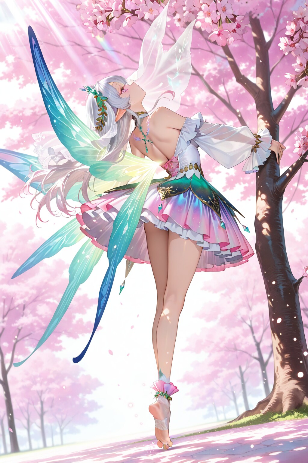 満開の桜の幹にポールダンスのように掴まり、樹の生命エネルギーを受ける桜より生まれし蝶の精霊