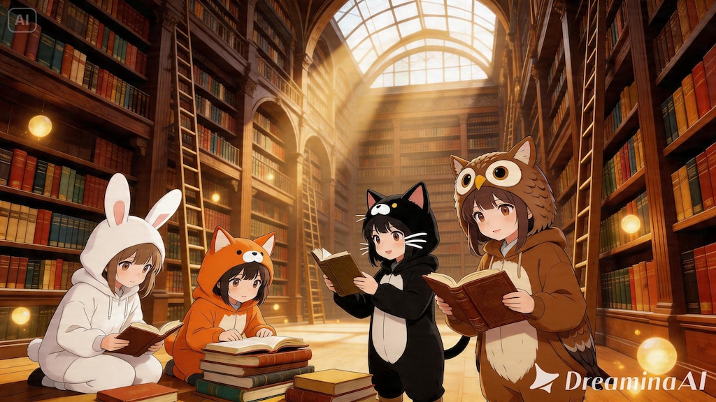 【All0424a2】中級者冒険者にランクアップしたので、街の大きな図書館で冒険に役立つ情報を収集した。（モデル: Seedream 5.0）