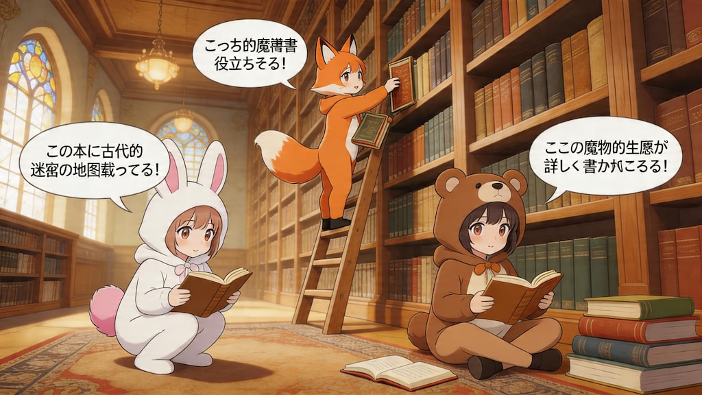 【All0424a2】中級者冒険者にランクアップしたので、街の大きな図書館で冒険に役立つ情報を収集した。（モデル: Seedream 5.0）