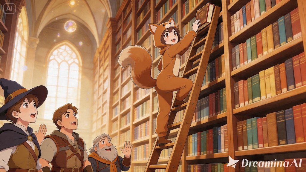 【All0424a2】中級者冒険者にランクアップしたので、街の大きな図書館で冒険に役立つ情報を収集した。（モデル: Seedream 5.0）