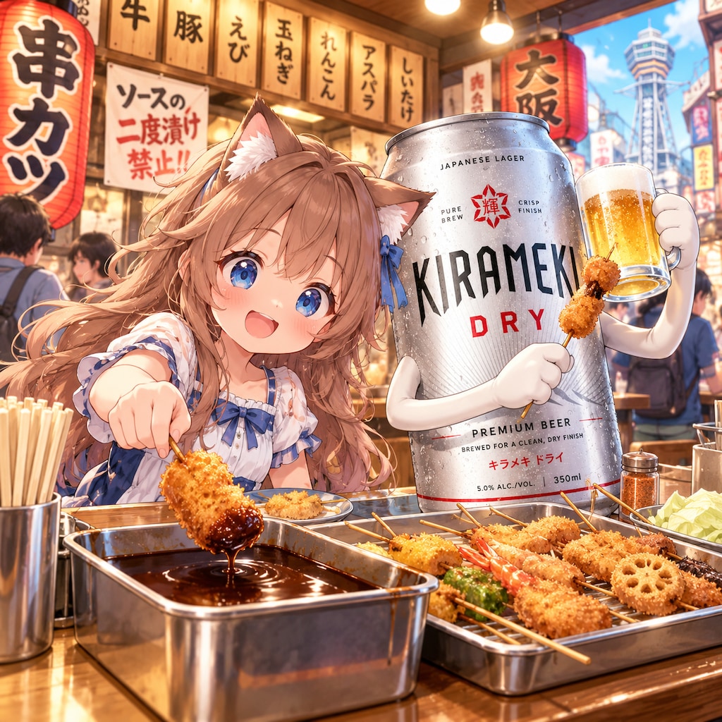 立食いの串カツを食べる小さな女の子