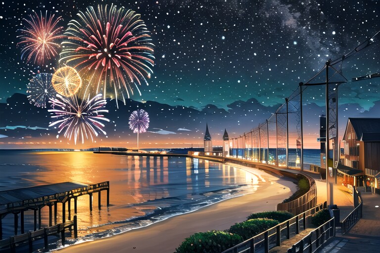 海辺の花火 | の人気AIイラスト・グラビア
