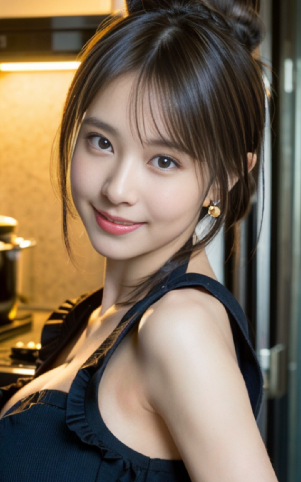 お団子ヘア裸エプロン