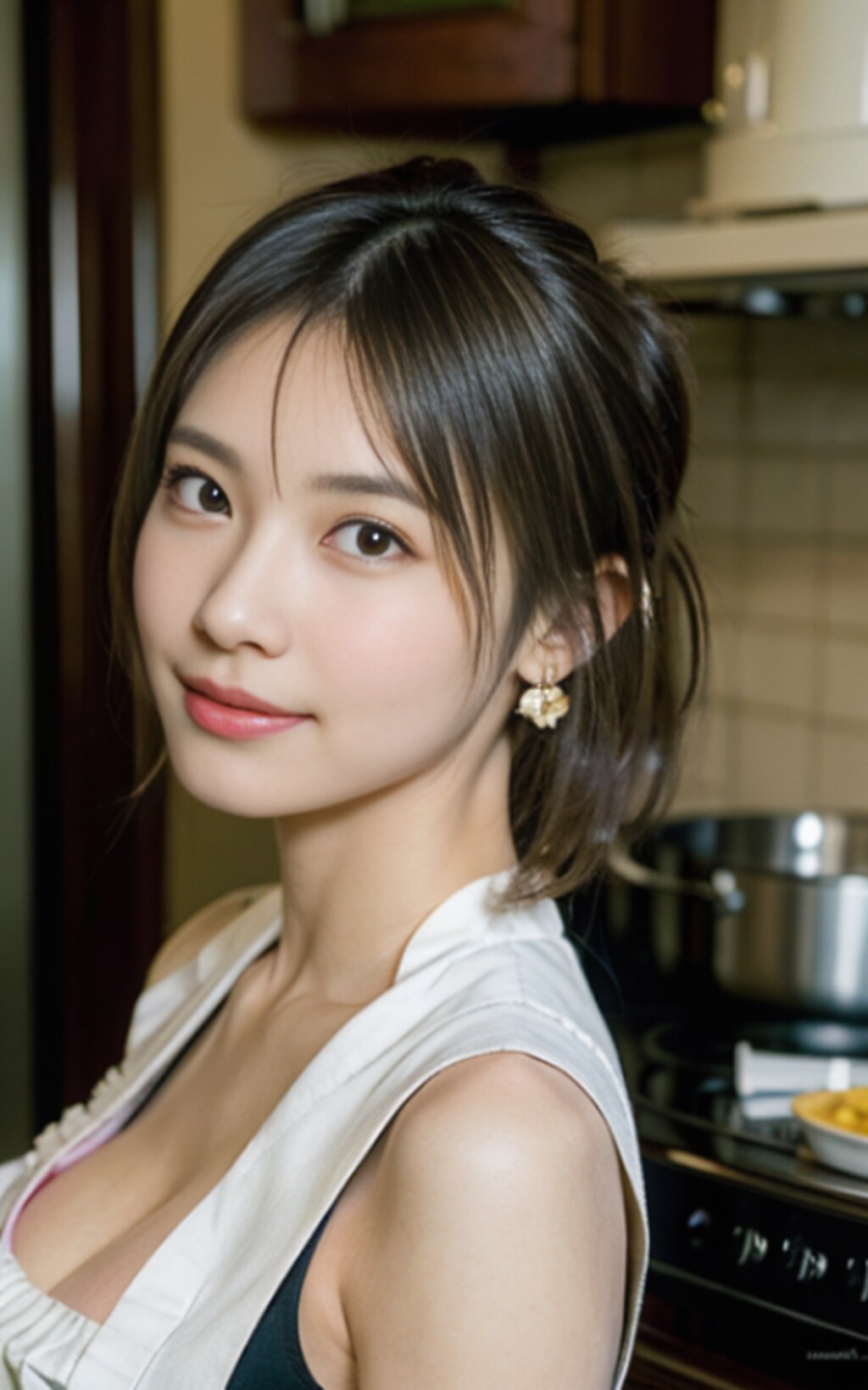 お団子ヘア裸エプロン