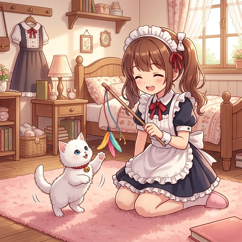 猫じゃらしで遊ぶメイドちゃん