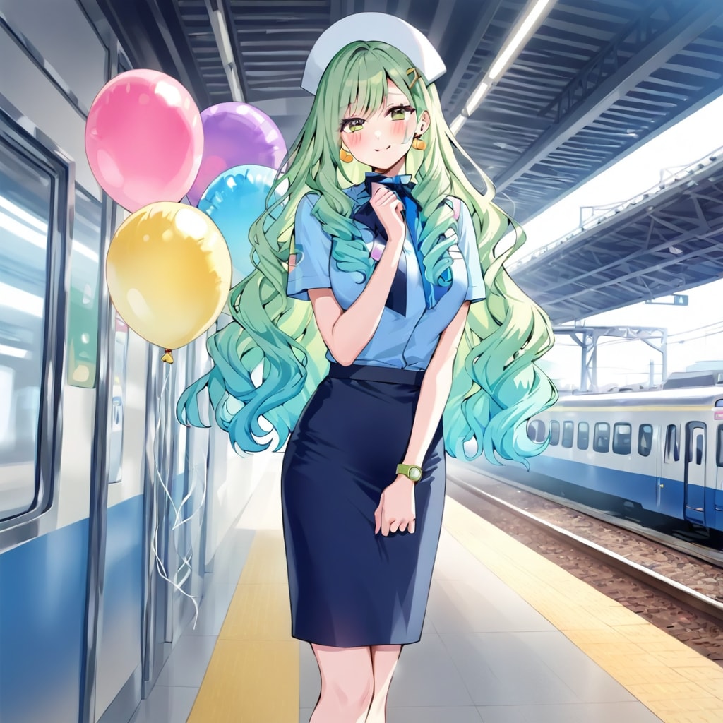 いっぱい色とりどりの風船を持つ緑髪ウェーブロングヘアの電車の駅員の美女