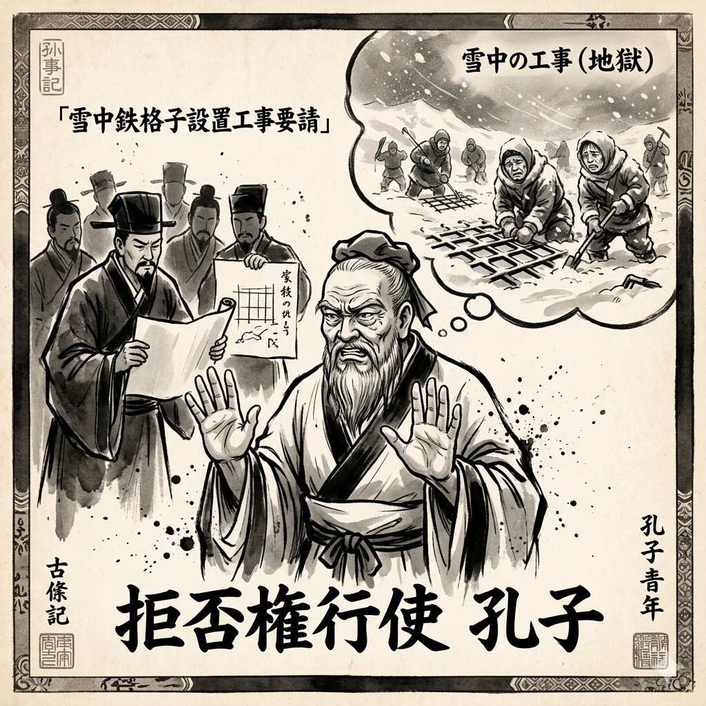 雪中鉄格子設置工事を要求され拒否権行使する孔子