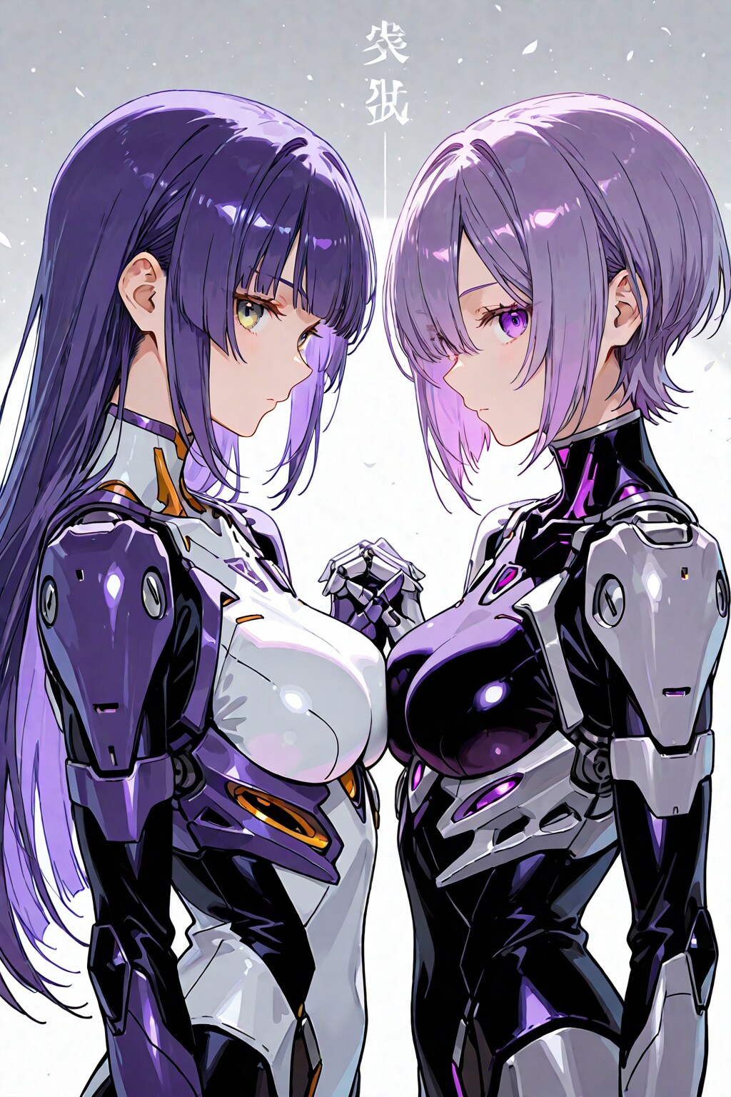 見つめ合う紫と白のサイボーグ娘