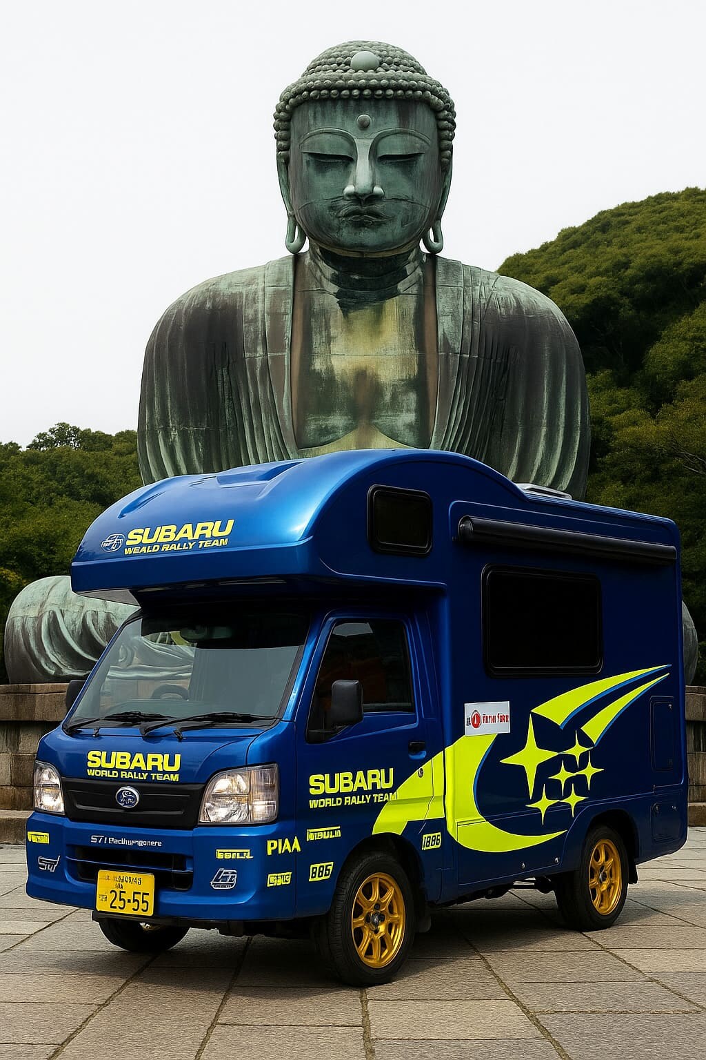 スバルサンバーキャンピングカー　背景は鎌倉大仏