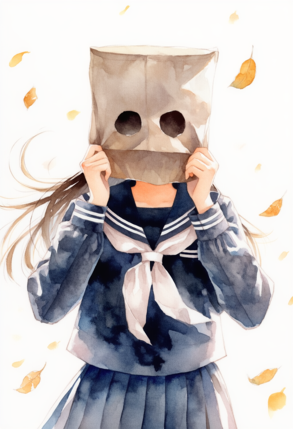 紙袋を被った少女  (水彩画調)