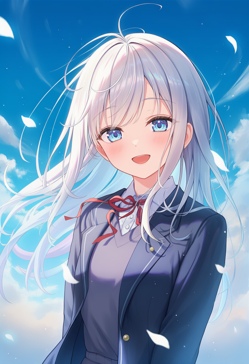 上半身、舞う白い花びら、風