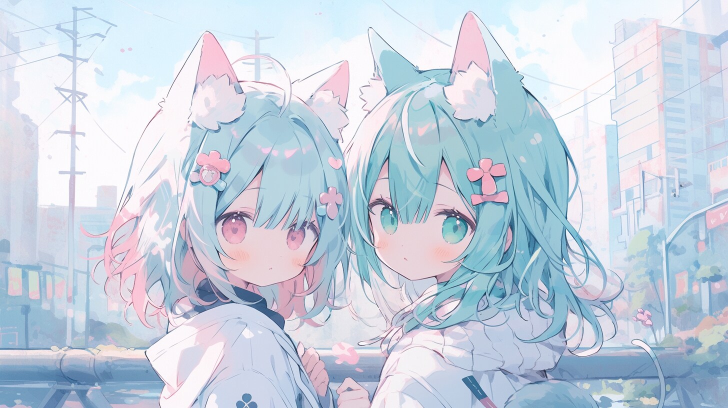 桜舞う街で微笑む猫耳の二人 | の人気AIイラスト・グラビア