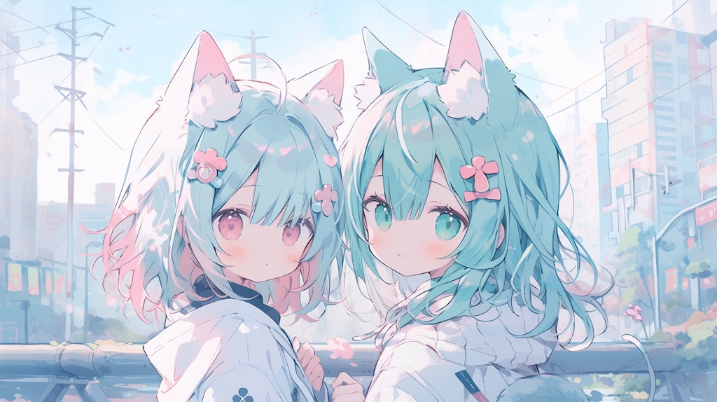 桜舞う街で微笑む猫耳の二人