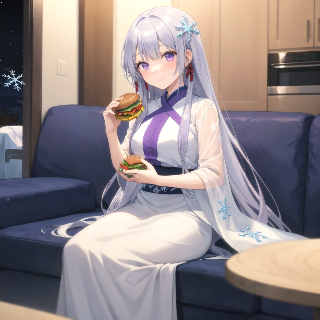 雪女さん、白いドレスで🍔食べています