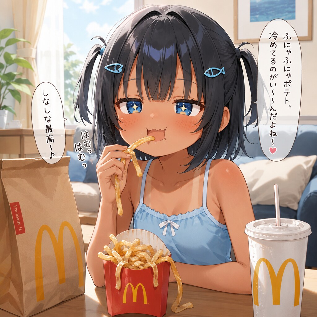 マクドナルドの冷えたポテトを食べるこなつちゃん