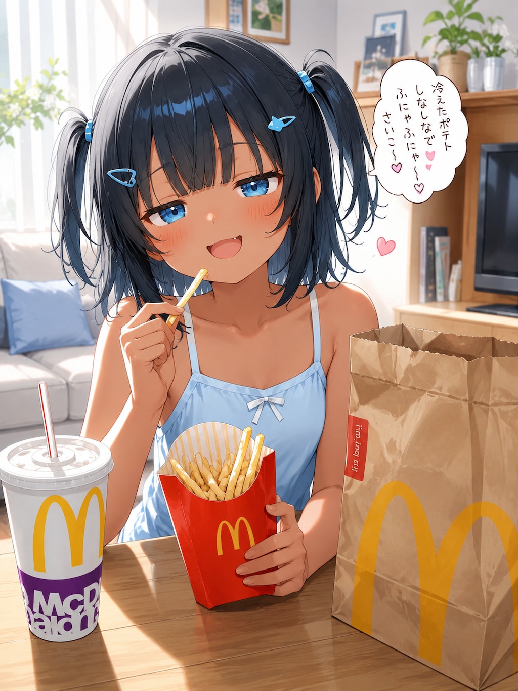 マクドナルドの冷えたポテトを食べるこなつちゃん