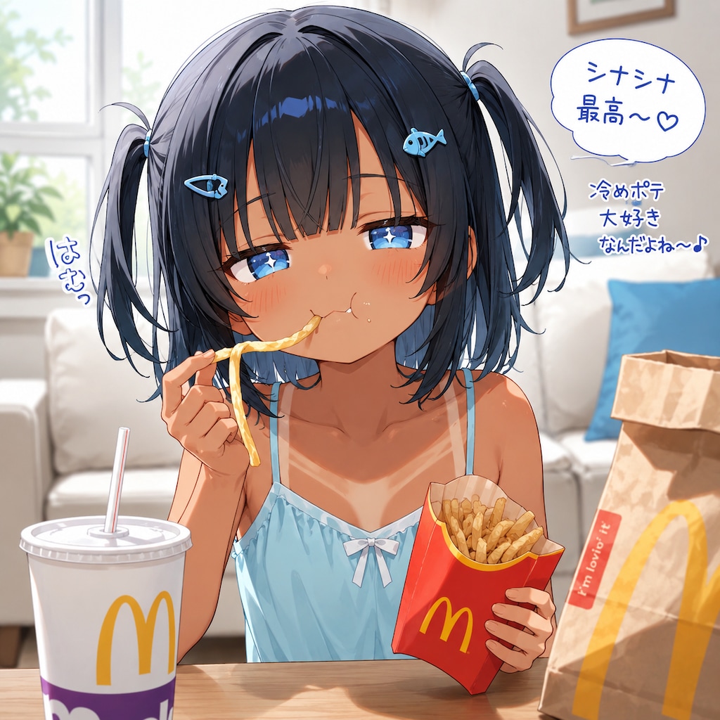 マクドナルドの冷えたポテトを食べるこなつちゃん