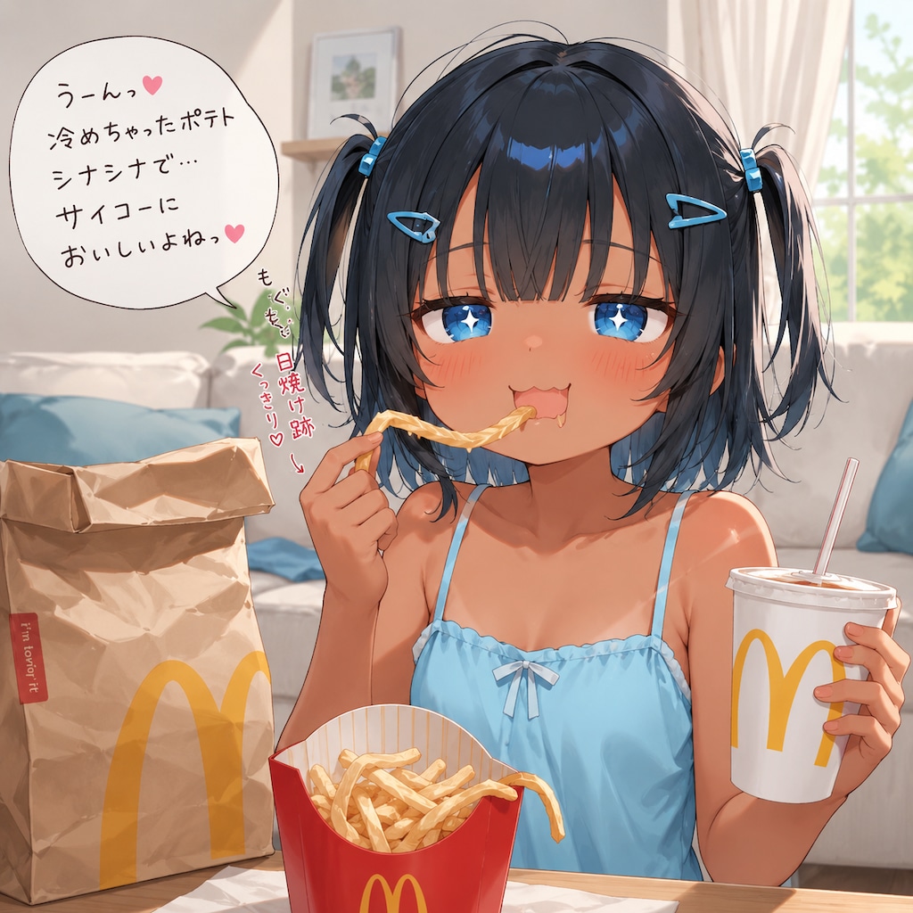 マクドナルドの冷えたポテトを食べるこなつちゃん