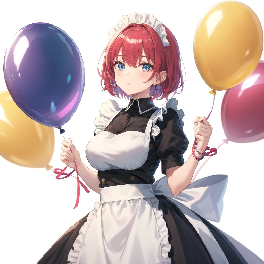 いっぱい風船を持つ赤い髪ショートカットのメイド服着た美女。 | の人気AIイラスト・グラビア