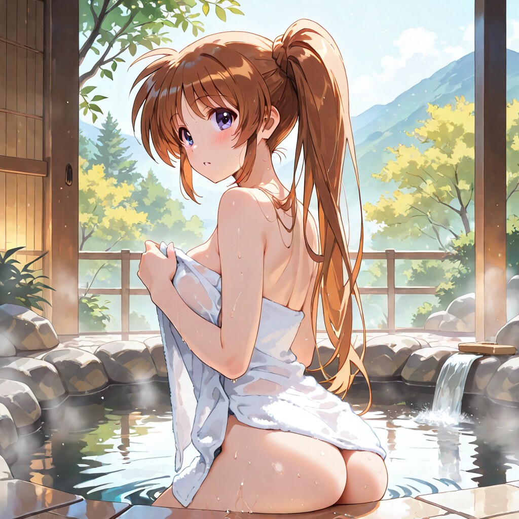 胸隠して、尻隠さずの露天風呂なのはちゃん