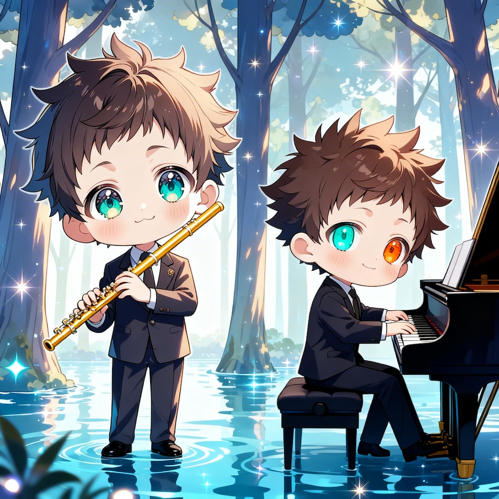 横笛・ピアノを演奏する少年