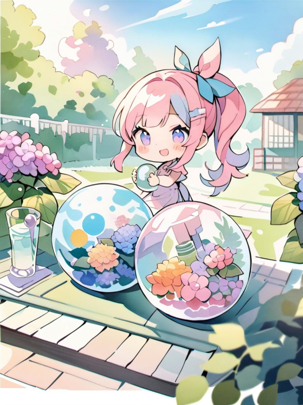 ガラスに紫陽花を入れてるピンク髪ちゃん