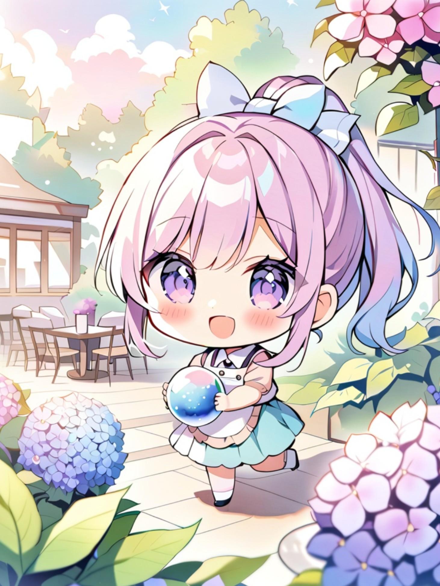 ガラスに紫陽花を入れてるピンク髪ちゃん | の人気AIイラスト・グラビア